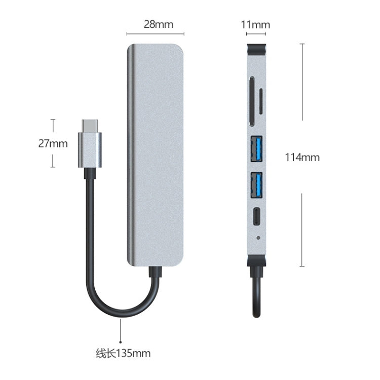 6 In 1 USB-C / Type-C ถึง 4K HDMI + ช่องเสียบการ์ด SD / TF + การชาร์จ PD USB-C / Type-C + 2 พอร์ต USB 3.0 มัลติฟังก์ชั่น HUB Docking Station, 6 In 1