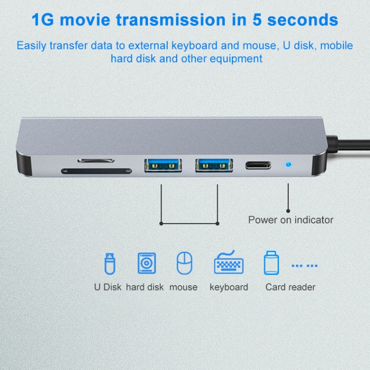 6 In 1 USB-C / Type-C ถึง 4K HDMI + ช่องเสียบการ์ด SD / TF + การชาร์จ PD USB-C / Type-C + 2 พอร์ต USB 3.0 มัลติฟังก์ชั่น HUB Docking Station, 6 In 1