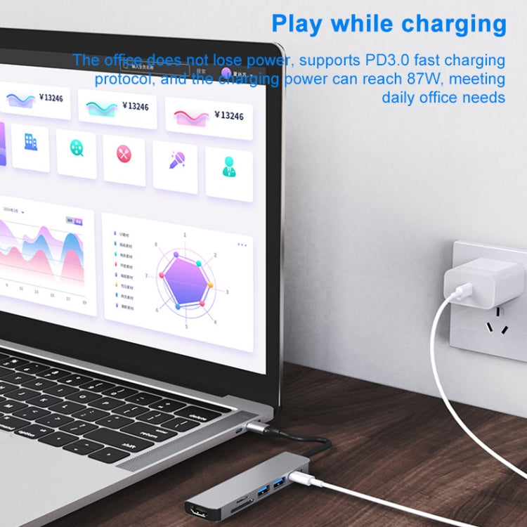 6 In 1 USB-C / Type-C ถึง 4K HDMI + ช่องเสียบการ์ด SD / TF + การชาร์จ PD USB-C / Type-C + 2 พอร์ต USB 3.0 มัลติฟังก์ชั่น HUB Docking Station, 6 In 1