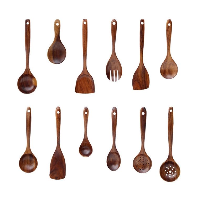 Non-Stick หม้อพลั่วไม้สักทำอาหารหม้อพลั่วบนโต๊ะอาหาร, Sweet Spoon, Saving Spoon, Bent Spoon, Mixing Spoon, Filter Spoon, Curved Shovel, Thickened Oblique Shovel, Curved Spatula, Small Spoon, Medium Spoon, Long Handle Filter Spoon