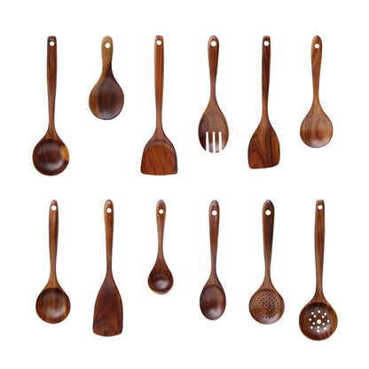 Non-Stick หม้อพลั่วไม้สักทำอาหารหม้อพลั่วบนโต๊ะอาหาร, Sweet Spoon, Saving Spoon, Bent Spoon, Mixing Spoon, Filter Spoon, Curved Shovel, Thickened Oblique Shovel, Curved Spatula, Small Spoon, Medium Spoon, Long Handle Filter Spoon