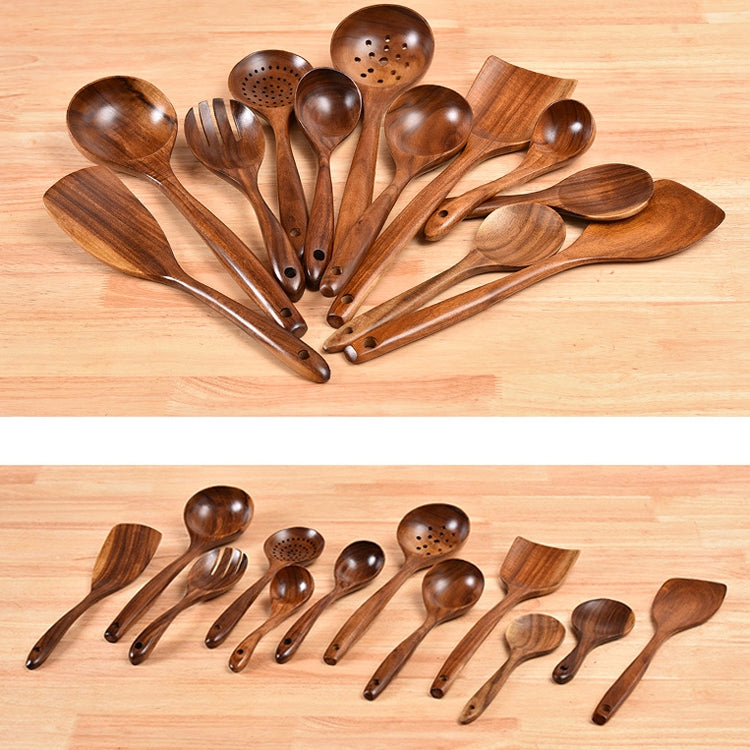 Non-Stick หม้อพลั่วไม้สักทำอาหารหม้อพลั่วบนโต๊ะอาหาร, Sweet Spoon, Saving Spoon, Bent Spoon, Mixing Spoon, Filter Spoon, Curved Shovel, Thickened Oblique Shovel, Curved Spatula, Small Spoon, Medium Spoon, Long Handle Filter Spoon