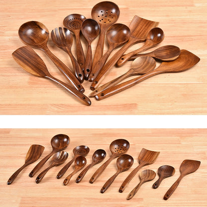 Non-Stick หม้อพลั่วไม้สักทำอาหารหม้อพลั่วบนโต๊ะอาหาร, Sweet Spoon, Saving Spoon, Bent Spoon, Mixing Spoon, Filter Spoon, Curved Shovel, Thickened Oblique Shovel, Curved Spatula, Small Spoon, Medium Spoon, Long Handle Filter Spoon