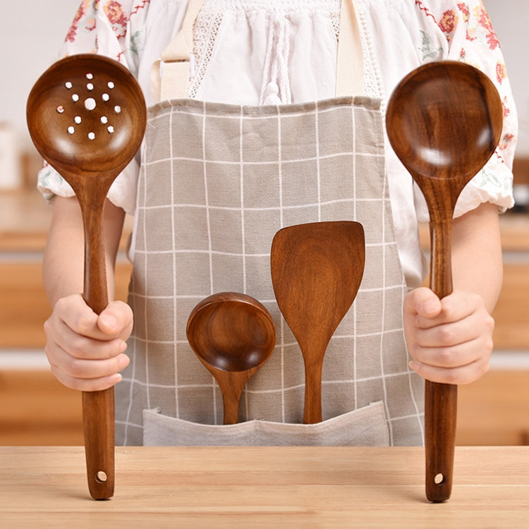 Non-Stick หม้อพลั่วไม้สักทำอาหารหม้อพลั่วบนโต๊ะอาหาร, Sweet Spoon, Saving Spoon, Bent Spoon, Mixing Spoon, Filter Spoon, Curved Shovel, Thickened Oblique Shovel, Curved Spatula, Small Spoon, Medium Spoon, Long Handle Filter Spoon