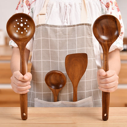 Non-Stick หม้อพลั่วไม้สักทำอาหารหม้อพลั่วบนโต๊ะอาหาร, Sweet Spoon, Saving Spoon, Bent Spoon, Mixing Spoon, Filter Spoon, Curved Shovel, Thickened Oblique Shovel, Curved Spatula, Small Spoon, Medium Spoon, Long Handle Filter Spoon