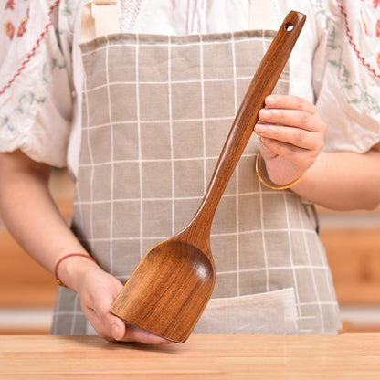Non-Stick หม้อพลั่วไม้สักทำอาหารหม้อพลั่วบนโต๊ะอาหาร, Sweet Spoon, Saving Spoon, Bent Spoon, Mixing Spoon, Filter Spoon, Curved Shovel, Thickened Oblique Shovel, Curved Spatula, Small Spoon, Medium Spoon, Long Handle Filter Spoon
