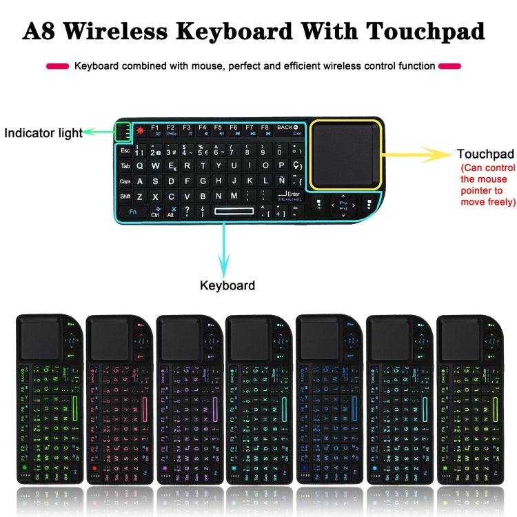 เมาส์และคีย์บอร์ดไร้สายขนาดเล็ก A8 พร้อมแป้นพิมพ์เลเซอร์ทัชแพด, English White Backlight, English Colorful Backlight