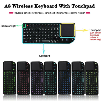 เมาส์และคีย์บอร์ดไร้สายขนาดเล็ก A8 พร้อมแป้นพิมพ์เลเซอร์ทัชแพด, English White Backlight, English Colorful Backlight