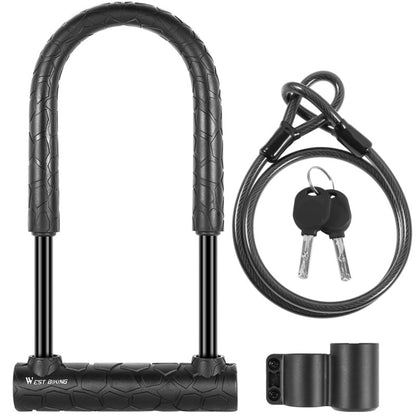 WEST BIKING ล็อคจักรยาน รถจักรยานยนต์ รถยนต์ไฟฟ้า ล็อคกันขโมย, Long U-shaped Lock, Long U-shaped Lock+Cable