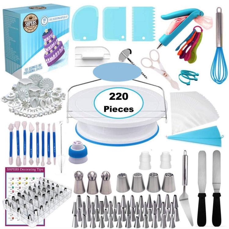 220 in 1 เค้ก Turntable ตกแต่งชุดหัวฉีดเบเกอรี่เครื่องมือ Fondant ชุดแม่พิมพ์, 220 PCS/Set