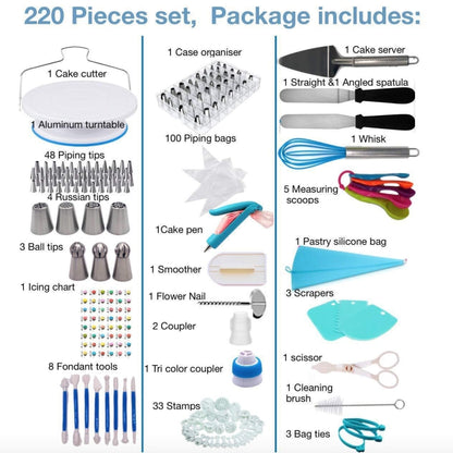 220 in 1 เค้ก Turntable ตกแต่งชุดหัวฉีดเบเกอรี่เครื่องมือ Fondant ชุดแม่พิมพ์, 220 PCS/Set