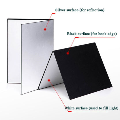 2 PCS 3-in-1 แผ่นสะท้อนแสงสีขาว + สีดำ + เงิน A4 กระดาษแข็งพับ Light Diffuser BOARD, 3-in-1 A4 Cardboard