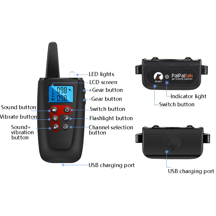 PaiPaitek PD526V-2 1 ใน 2 100-ความเร็วเสียงการสั่นสะเทือนรีโมทคอนโทรลการฝึกอบรมสุนัขอุปกรณ์ Anti-Barking อุปกรณ์อิเล็กทรอนิกส์รีโมทคอนโทรล COLLAR, PD526V-2