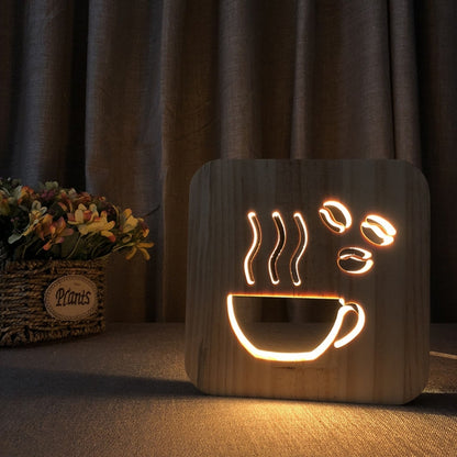 FS-T1879W 2.5W กาแฟ 3D LED โคมไฟตั้งโต๊ะไม้ไฟกลางคืนในห้องนอน, Coffee