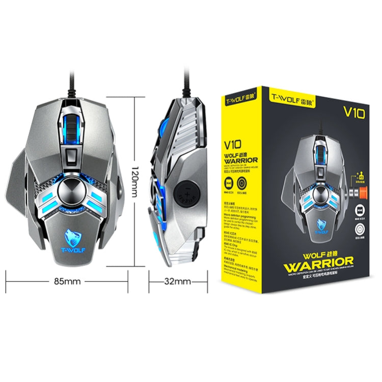 T-WOLF V10 อินเทอร์เฟซ USB 7 ปุ่ม 6400 DPI เมาส์แบบมีสายสำหรับเล่นเกมการเขียนโปรแกรมมาโครที่กำหนดเองเมาส์สำหรับเล่นเกมแสงหายใจ 4 สีความยาวสายเคเบิล: 1.5 ม.
