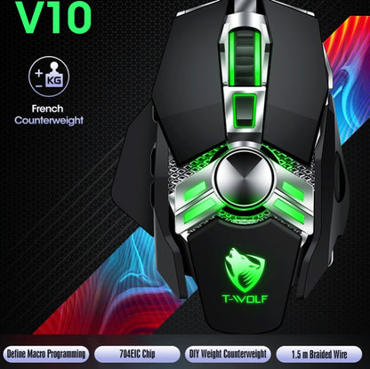 T-WOLF V10 อินเทอร์เฟซ USB 7 ปุ่ม 6400 DPI เมาส์แบบมีสายสำหรับเล่นเกมการเขียนโปรแกรมมาโครที่กำหนดเองเมาส์สำหรับเล่นเกมแสงหายใจ 4 สีความยาวสายเคเบิล: 1.5 ม.