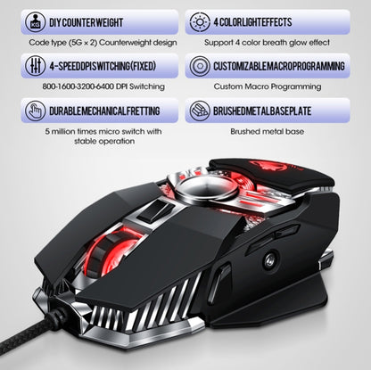 T-WOLF V10 อินเทอร์เฟซ USB 7 ปุ่ม 6400 DPI เมาส์แบบมีสายสำหรับเล่นเกมการเขียนโปรแกรมมาโครที่กำหนดเองเมาส์สำหรับเล่นเกมแสงหายใจ 4 สีความยาวสายเคเบิล: 1.5 ม.