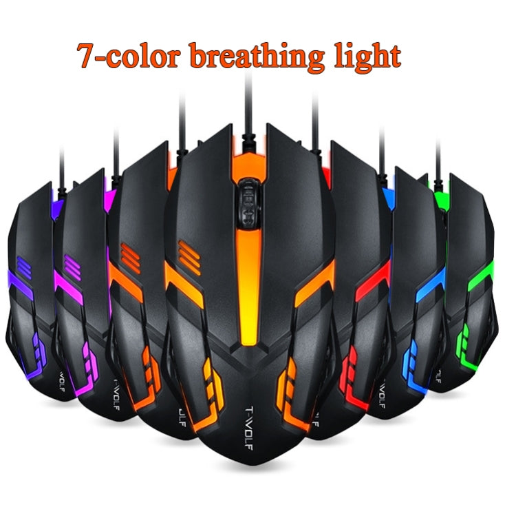 2 PCS T-WOLF V1 อินเทอร์เฟซ USB 3 ปุ่ม 1200 DPI เมาส์แบบมีสาย 7 สี Backlit เมาส์สำหรับเล่นเกม, ความยาวสายเคเบิล: 1.35 ม.