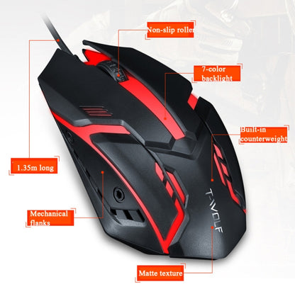 2 PCS T-WOLF V1 อินเทอร์เฟซ USB 3 ปุ่ม 1200 DPI เมาส์แบบมีสาย 7 สี Backlit เมาส์สำหรับเล่นเกม, ความยาวสายเคเบิล: 1.35 ม.