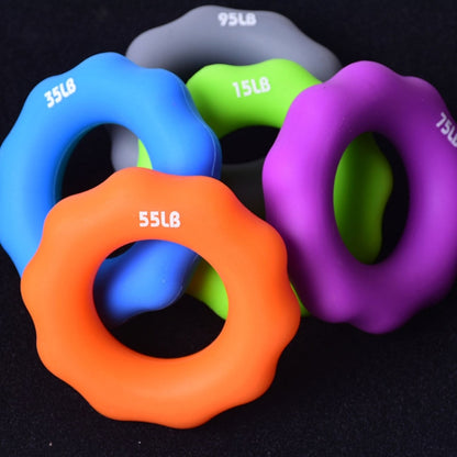2 ชิ้นซิลิโคนนิ้วเครื่องหมายอุปกรณ์จับนิ้วออกกำลังกายจับแหวน, 15LB (Green), 35LB (Blue), 55LB (Orange), 75LB (Purple), 95LB (Gray)