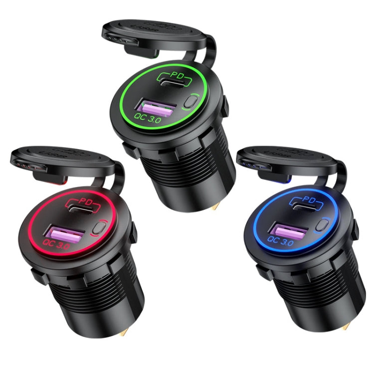 รถยนต์รถจักรยานยนต์เรือดัดแปลงเครื่องชาร์จ USB กันน้ำ PD + QC3.0 ชาร์จเร็ว, Blue Light With Terminal, Red Light With Terminal, Green Light With Terminal, Blue Light With 60cm Line, Red Light With 60cm Line, Green Light With 60cm Line