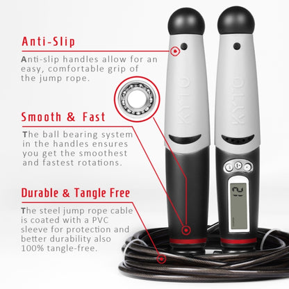KYTO 2106B รุ่นมีสายแคลอรี่นับอิเล็กทรอนิกส์ข้ามเชือก ผู้ใหญ่ การออกกำลังกาย Timing ข้ามเชือก, with Steel Wire Rope (Black Gray), with 2 Steel Wire Ropes (Black Gray)