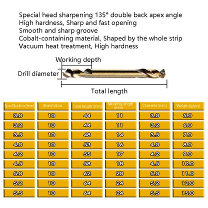10 PCS M35 Twist ที่มีโคบอลต์เจาะบิตเหล็กความเร็วสูงสองหัวแผ่นเหล็กแผ่นโลหะเจาะรูเจาะ, Double Head 3.0mm, Double Head 3.2mm, Double Head 3.5mm, Double Head 4.0mm, Double Head 4.2mm, Double Head 4.5mm, Double Head 5.0mm, Double Head 5.2mm               ...