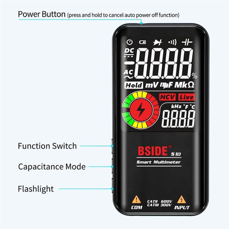 BSIDE มัลติมิเตอร์แบบดิจิตอล 9999 นับจอแสดงผลสี LCD DC AC แรงดันไฟฟ้า Capacitance Diode Meter, S10 Dry Battery Version (Black), S10 Dry Battery Version (Red), S11 Recharge Version (Black), S11 Recharge Version (Red)