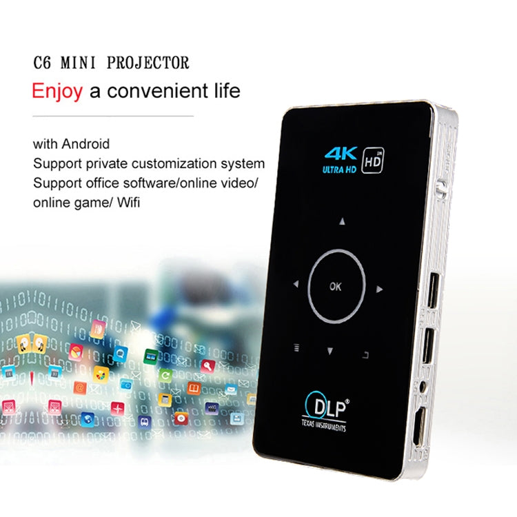 C6 2G+16G Android Smart DLP HD Projector มินิโปรเจคเตอร์ไร้สาย，, US Plug (Black), EU Plug (Black), UK Plug (Black), AU Plug (Black), US Plug (White), UK Plug (White), AU Plug (White)