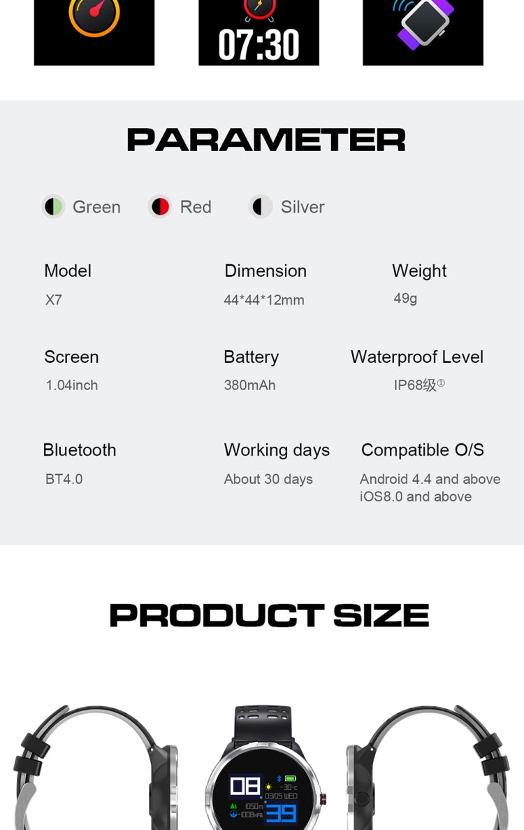 X7 สมาร์ทวอทช์ IP68 กันน้ำ ผู้ชาย กีฬา ดูสมาร์ท Android นาฬิกาบลูทูธ รองรับอัตราการเต้นหัวใจ / เตือนการโทร / เครื่องมือวัดจำนวนก้าวที่เดิน / การตรวจสอบการนอนหลับ / ติดตาม