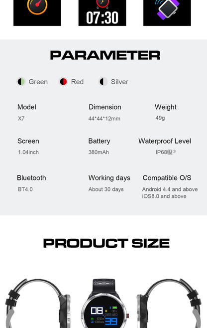 X7 สมาร์ทวอทช์ IP68 กันน้ำ ผู้ชาย กีฬา ดูสมาร์ท Android นาฬิกาบลูทูธ รองรับอัตราการเต้นหัวใจ / เตือนการโทร / เครื่องมือวัดจำนวนก้าวที่เดิน / การตรวจสอบการนอนหลับ / ติดตาม
