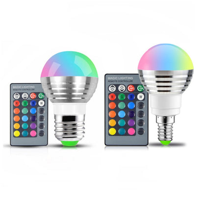หลอดไฟ LED RGB 3W 16 สีเมจิกไฟกลางคืนหรี่แสงได้พร้อมรีโมทคอนโทรล 24 ปุ่ม, E27 3W