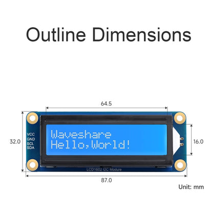 โมดูล Waveshare 23991 LCD1602 I2C, สีขาวพร้อมพื้นหลังสีน้ำเงิน, อักขระ 16x2, 3.3V/5V, 23991