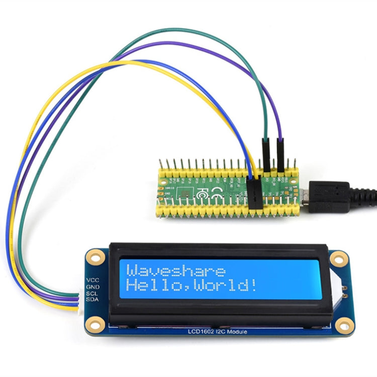 โมดูล Waveshare 23991 LCD1602 I2C, สีขาวพร้อมพื้นหลังสีน้ำเงิน, อักขระ 16x2, 3.3V/5V, 23991