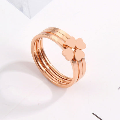 2 PCS 3 In 1 Titanium Steel Peach Heart Combination Four-Leaf Clover Couple Ring, US Size 5, US Size 6, US Size 7, US Size 8, US Size 9, US Size 10