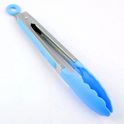 ครัวซิลิโคนทำอาหารสลัดสแตนเลสจับคลิปอาหาร, Steel Handle Food Clip(Blue)