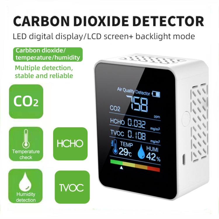 แบบพกพา CO2 Air คุณภาพฟอร์มาลดีไฮด์คาร์บอนไดออกไซด์เครื่องตรวจจับความชื้นในร่มพร้อมจอแสดงผล LED Digital, 5 in 1 Semiconductor