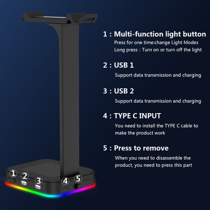 RGBD9 ขาตั้งชุดหูฟัง RGB แท่นวางชุดหูฟังสำหรับเล่นเกมเปลี่ยนสีได้ แท่นวางชุดหูฟังสำหรับเล่นเกมพร้อมพอร์ต USB คู่, RGBD9