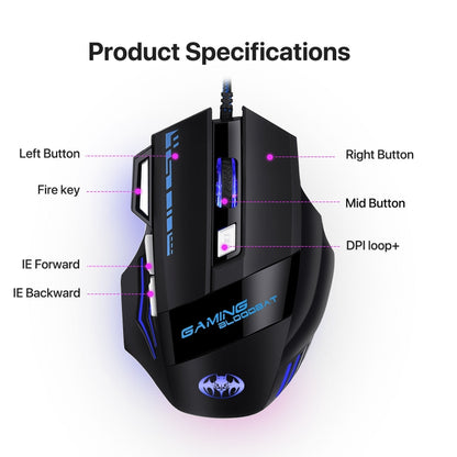 GAMING BLOODBAT GM02 7 ปุ่ม USB สายออปโตอิเล็กทรอนิกส์เกมเมาส์ระบบทางเดินหายใจแบบดิจิตอลไฟเมาส์