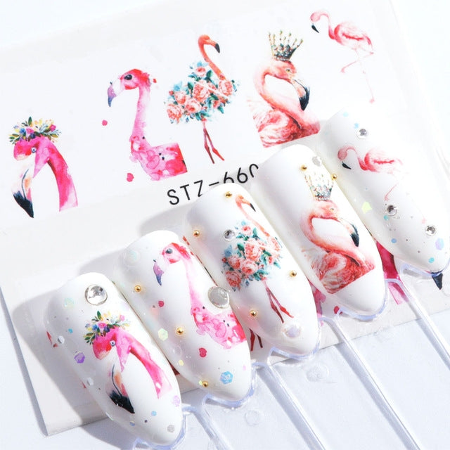 5 PCS Flamingo สติ๊กเกอร์เล็บสติ๊กเกอร์น้ำน่ารักสัตว์กระต่ายนกฮูก Wraps Flora ลายน้ำกาวตกแต่งเล็บ