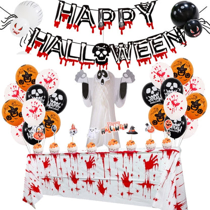 ลูกโป่งฮาโลวีนตั้งแบนเนอร์สีเลือดสามมิติตกแต่งปาร์ตี้ผี, Blood Deskcloth Set, Pumpkin Tablecloth set, Honeycomb Ball 1, Honeycomb Ball 2