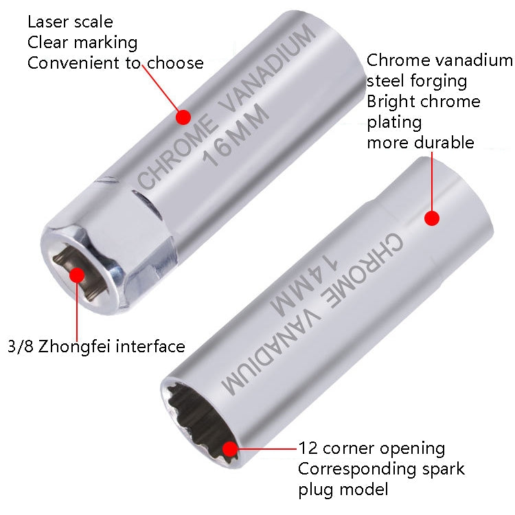 2 PCS รถ หัวเทียนแขนประแจเครื่องมือถอดชิ้นส่วนเปลวไฟบาง, ข้อมูลจำเพาะ:, 14mm (Shrapnel), 14mm (Magnetic), 16mm (Magnetic)
