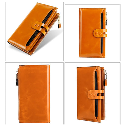 Leather Lady Wallet Multi-Card Slot Retro Oil Wax Leather Wallet Long Type RFID Anti-Theft Brush Clutch
