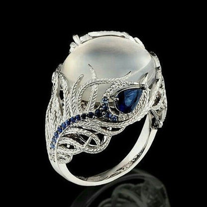 Vintage Silver Hollow แหวนโอปอลธรรมชาติ Feather รูปแบบแหวนผู้หญิงเครื่องประดับ, 6, 7, 9