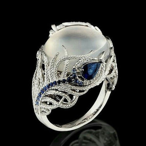 Vintage Silver Hollow แหวนโอปอลธรรมชาติ Feather รูปแบบแหวนผู้หญิงเครื่องประดับ, 6, 7, 9