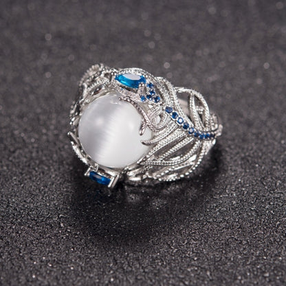 Vintage Silver Hollow แหวนโอปอลธรรมชาติ Feather รูปแบบแหวนผู้หญิงเครื่องประดับ, 6, 7, 9