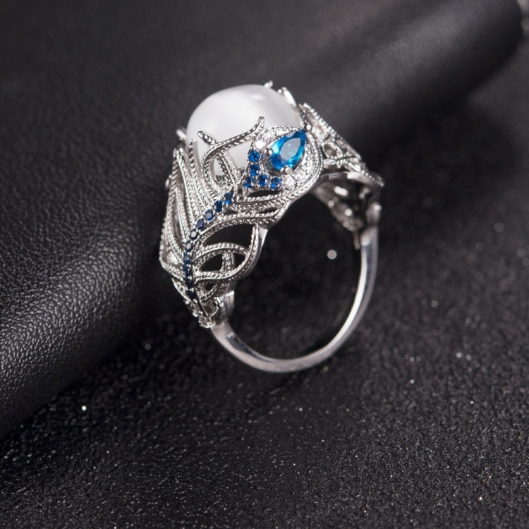 Vintage Silver Hollow แหวนโอปอลธรรมชาติ Feather รูปแบบแหวนผู้หญิงเครื่องประดับ, 6, 7, 9