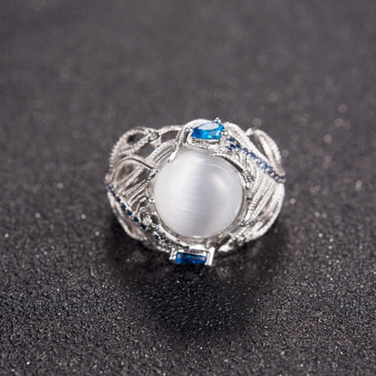 Vintage Silver Hollow แหวนโอปอลธรรมชาติ Feather รูปแบบแหวนผู้หญิงเครื่องประดับ, 6, 7, 9