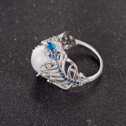 Vintage Silver Hollow แหวนโอปอลธรรมชาติ Feather รูปแบบแหวนผู้หญิงเครื่องประดับ, 6, 7, 9