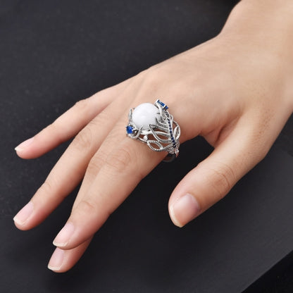 Vintage Silver Hollow แหวนโอปอลธรรมชาติ Feather รูปแบบแหวนผู้หญิงเครื่องประดับ, 6, 7, 9